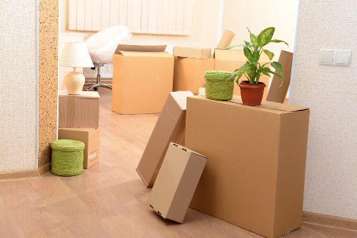 Packed office equipment prepared for removals in Bexleyheath
